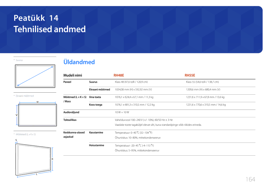 Samsung LH48RHEELGW/EN, LH55RHEELGW/EN manual Tehnilised andmed, Üldandmed, 164 