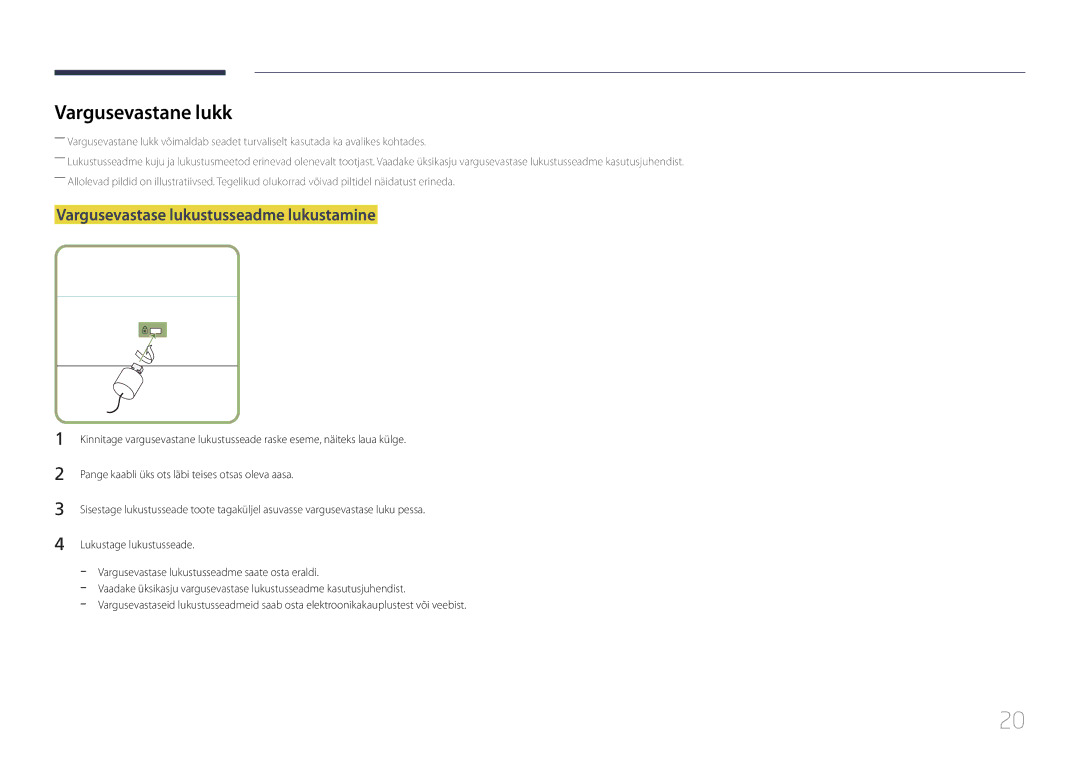 Samsung LH48RHEELGW/EN, LH55RHEELGW/EN manual Vargusevastane lukk, Vargusevastase lukustusseadme lukustamine 