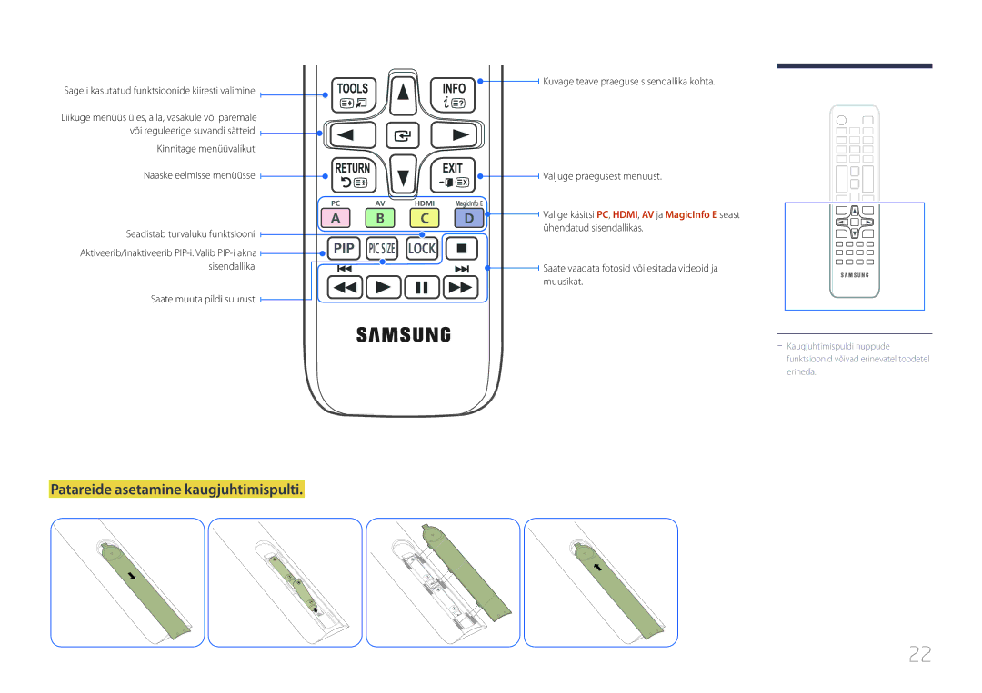 Samsung LH48RHEELGW/EN, LH55RHEELGW/EN manual Pip, Patareide asetamine kaugjuhtimispulti 