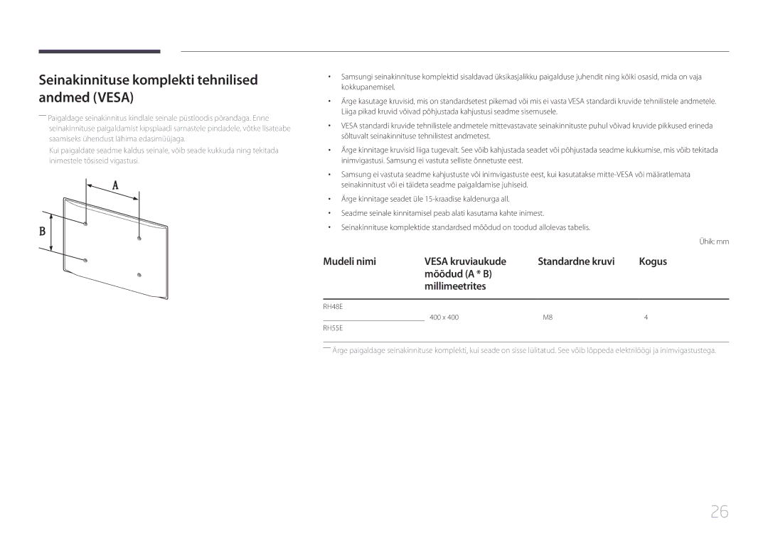 Samsung LH48RHEELGW/EN, LH55RHEELGW/EN manual Seinakinnituse komplekti tehnilised andmed Vesa, RH55E 