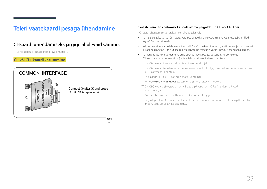 Samsung LH55RHEELGW/EN manual Teleri vaatekaardi pesaga ühendamine, CI-kaardi ühendamiseks järgige allolevaid samme 