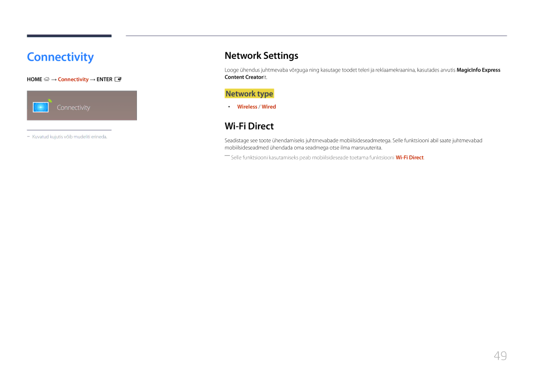 Samsung LH55RHEELGW/EN, LH48RHEELGW/EN manual Connectivity, Network Settings, Wi-Fi Direct, Network type 