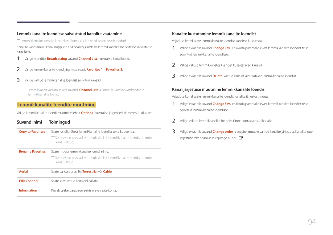 Samsung LH48RHEELGW/EN manual Lemmikkanalite loendite muutmine, Lemmikkanalite loendisse salvestatud kanalite vaatamine 