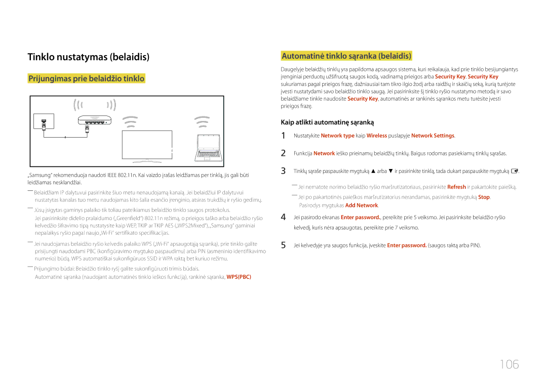 Samsung LH48RHEELGW/EN, LH55RHEELGW/EN manual 106, Tinklo nustatymas belaidis, Prijungimas prie belaidžio tinklo 