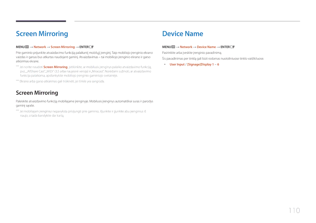 Samsung LH48RHEELGW/EN, LH55RHEELGW/EN manual Screen Mirroring, Device Name, 110 