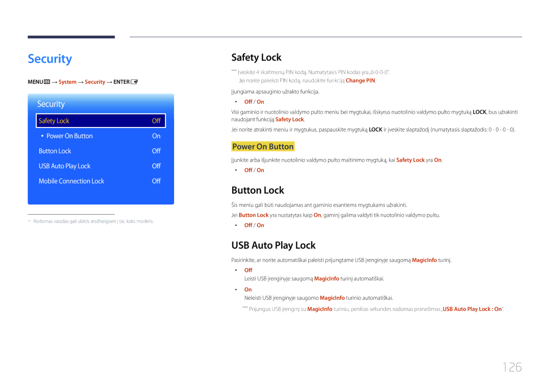 Samsung LH48RHEELGW/EN, LH55RHEELGW/EN manual Security, 126, Safety Lock, Button Lock, USB Auto Play Lock 