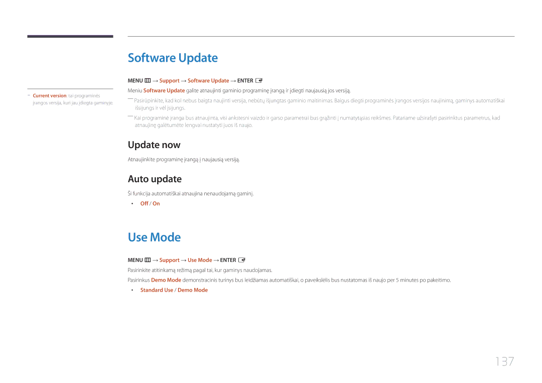 Samsung LH55RHEELGW/EN, LH48RHEELGW/EN manual Software Update, Use Mode, 137, Update now, Auto update 