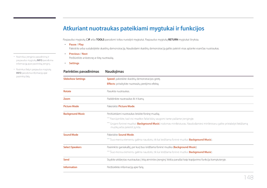 Samsung LH48RHEELGW/EN, LH55RHEELGW/EN manual Atkuriant nuotraukas pateikiami mygtukai ir funkcijos, 148 