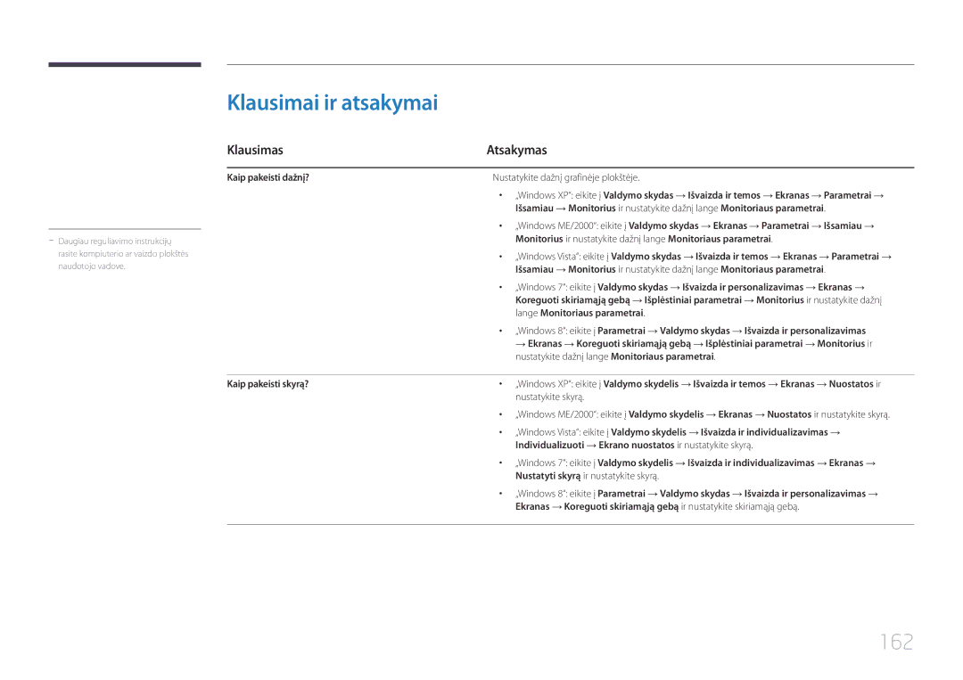 Samsung LH48RHEELGW/EN, LH55RHEELGW/EN manual Klausimai ir atsakymai, 162, Klausimas Atsakymas 