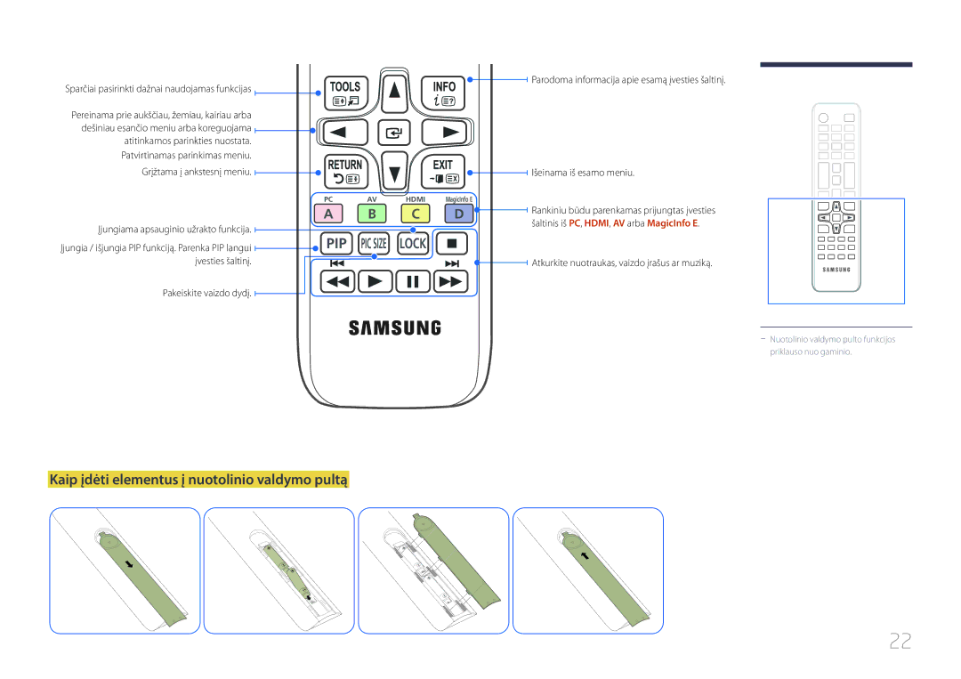 Samsung LH48RHEELGW/EN manual Kaip įdėti elementus į nuotolinio valdymo pultą, Įjungiama apsauginio užrakto funkcija 