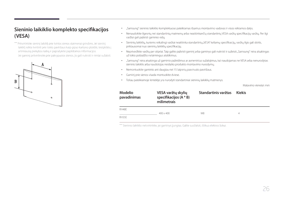 Samsung LH48RHEELGW/EN, LH55RHEELGW/EN manual Sieninio laikiklio komplekto specifikacijos Vesa, Modelio Vesa varžtų skylių 