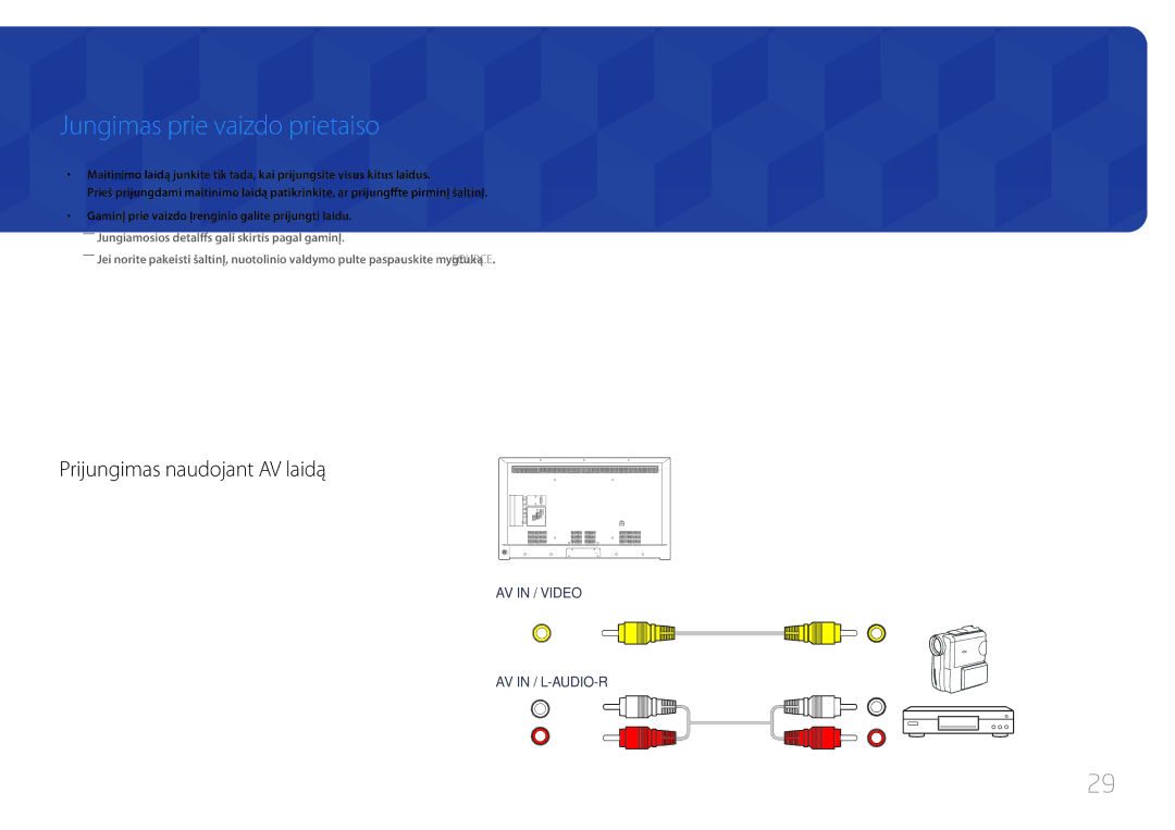 Samsung LH55RHEELGW/EN, LH48RHEELGW/EN manual Jungimas prie vaizdo prietaiso, Prijungimas naudojant AV laidą 