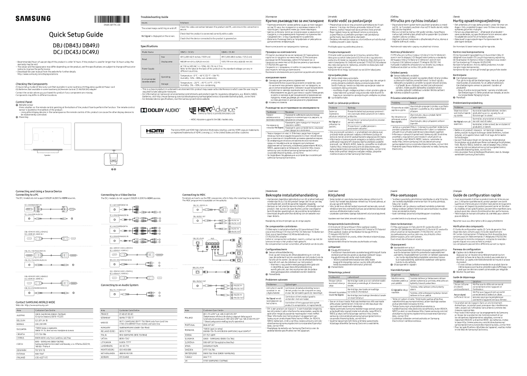 Samsung LH49DCJPLGC/EN manual Kratki vodič za postavljanje Příručka pro rychlou instalaci, Hurtig opsætningsvejledning 