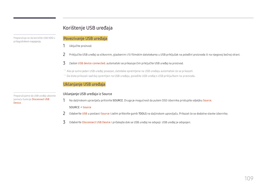 Samsung LH49DCHPLGC/EN manual 109, Korištenje USB uređaja, Povezivanje USB uređaja, Uklanjanje USB uređaja 