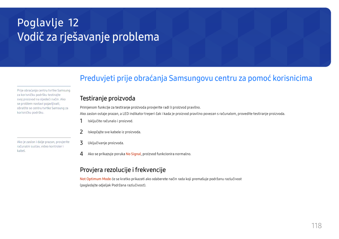 Samsung LH49DCHPLGC/EN manual Vodič za rješavanje problema, 118, Testiranje proizvoda, Provjera rezolucije i frekvencije 