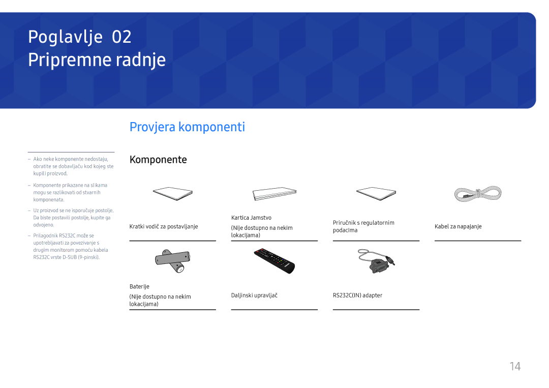 Samsung LH49DCHPLGC/EN manual Pripremne radnje, Provjera komponenti, Komponente 