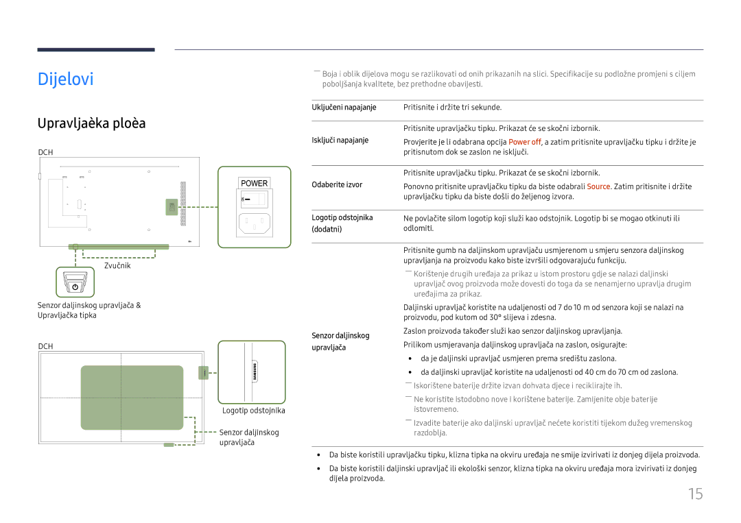 Samsung LH49DCHPLGC/EN manual Dijelovi, Upravljaèka ploèa 