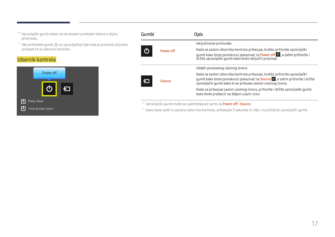 Samsung LH49DCHPLGC/EN manual Izbornik kontrola, Gumbi Opis, Power off, Source 