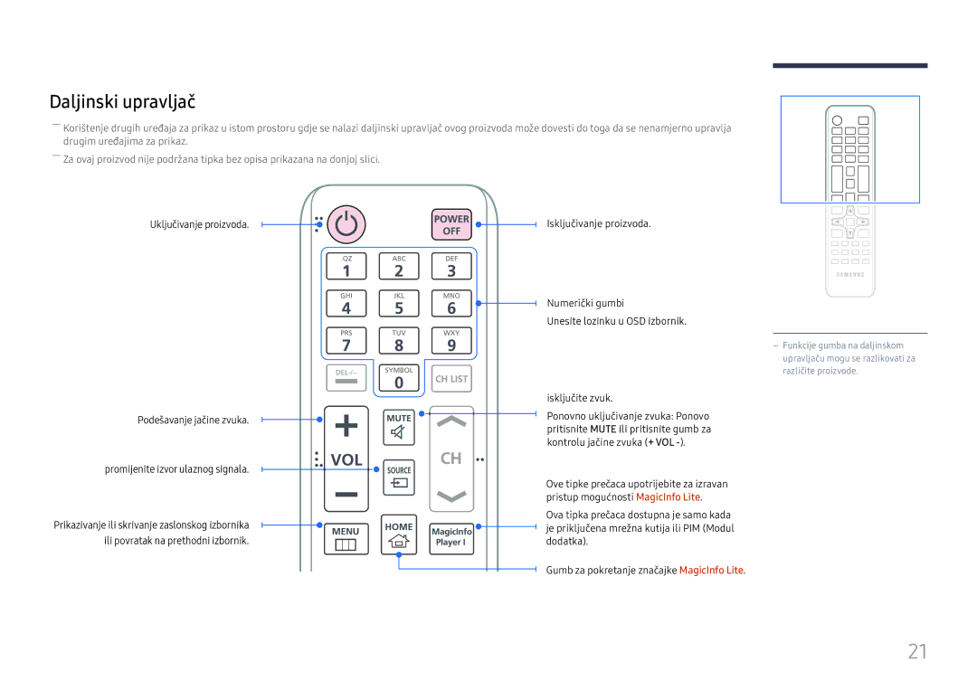 Samsung LH49DCHPLGC/EN manual Daljinski upravljač 