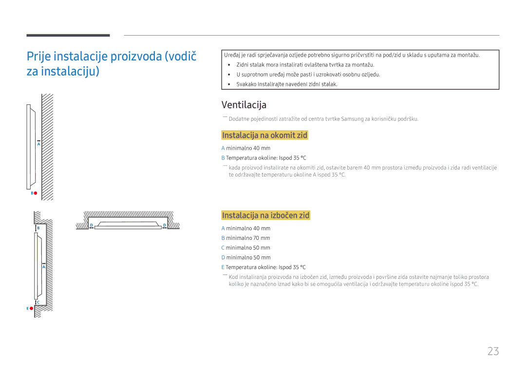 Samsung LH49DCHPLGC/EN manual Prije instalacije proizvoda vodič za instalaciju, Ventilacija, Instalacija na okomit zid 