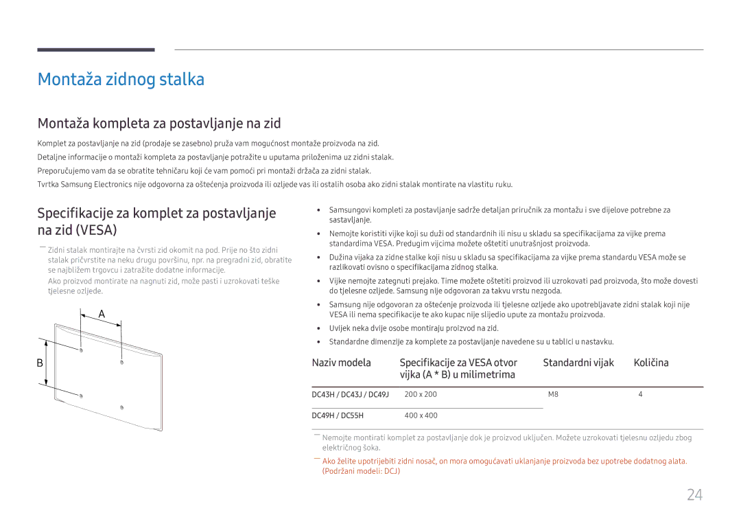 Samsung LH49DCHPLGC/EN manual Montaža zidnog stalka, Montaža kompleta za postavljanje na zid, DC43H / DC43J / DC49J 