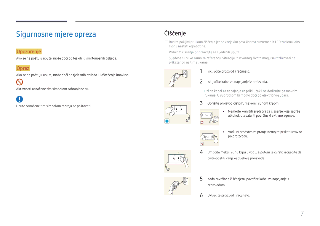 Samsung LH49DCHPLGC/EN manual Sigurnosne mjere opreza, Čišćenje, Isključite proizvod i računalo 