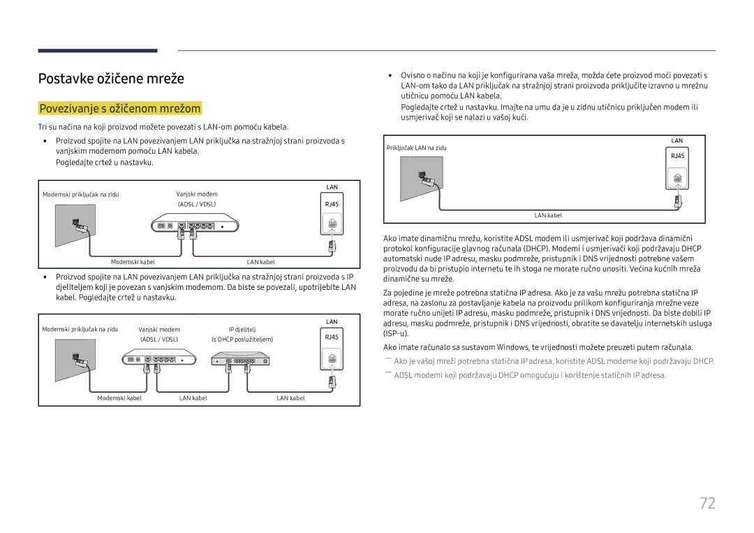 Samsung LH49DCHPLGC/EN manual Postavke ožičene mreže, Povezivanje s ožičenom mrežom 