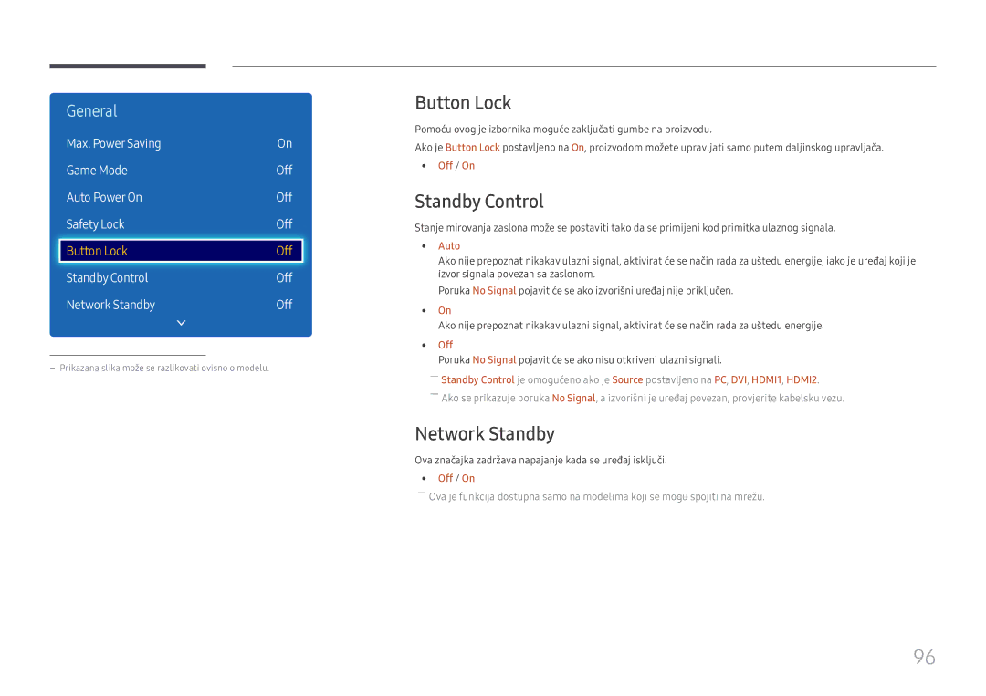 Samsung LH49DCHPLGC/EN manual Button Lock, Standby Control, Network Standby, Max. Power Saving Game Mode, Auto 