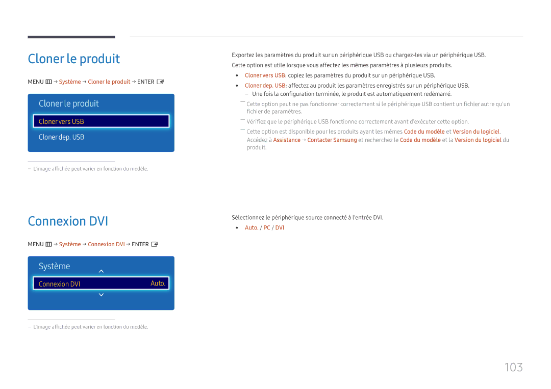 Samsung LH43DCJPLGC/EN, LH49DCJPLGC/EN, LH49DCHPLGC/EN manual Cloner le produit, Connexion DVI, 103, Cloner dep. USB 