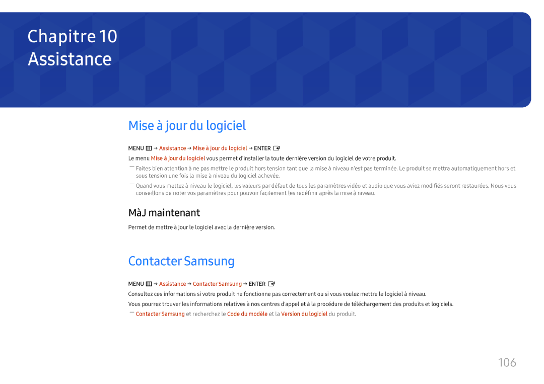 Samsung LH43DCJPLGC/EN, LH49DCJPLGC/EN manual Assistance, Mise à jour du logiciel, Contacter Samsung, 106, MàJ maintenant 