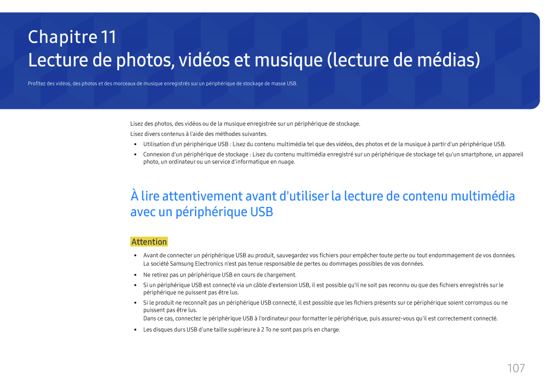 Samsung LH49DCHPLGC/EN, LH49DCJPLGC/EN, LH43DCJPLGC/EN manual Lecture de photos, vidéos et musique lecture de médias, 107 