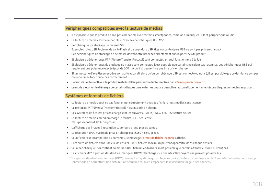 Samsung LH49DCJPLGC/EN manual 108, Périphériques compatibles avec la lecture de médias, Systèmes et formats de fichiers 