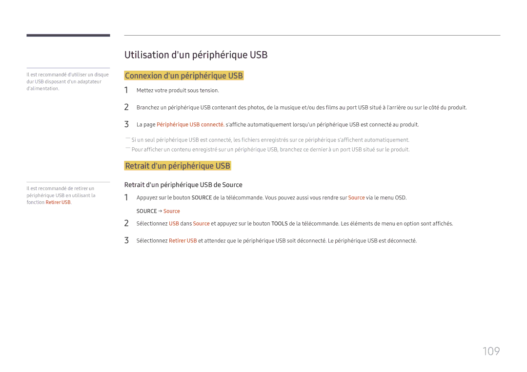 Samsung LH43DCJPLGC/EN 109, Utilisation dun périphérique USB, Connexion dun périphérique USB, Retrait dun périphérique USB 