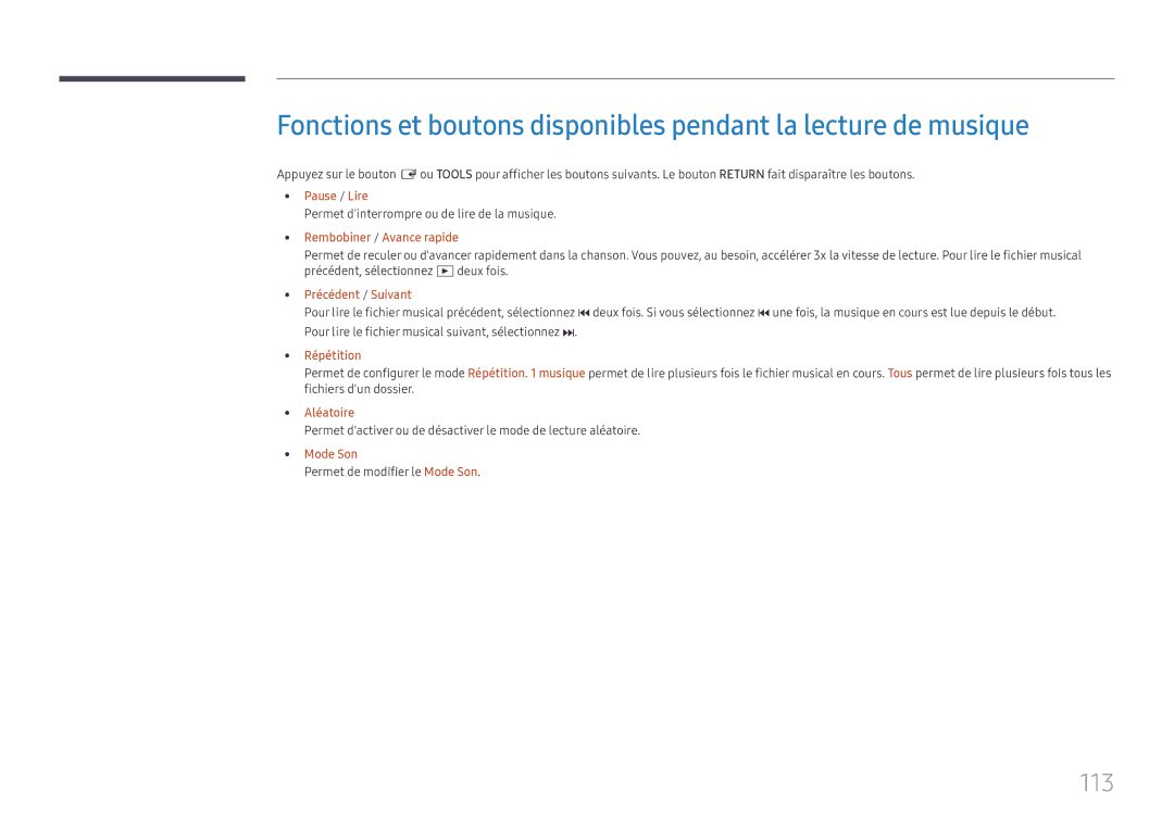 Samsung LH49DCHPLGC/EN, LH49DCJPLGC/EN manual 113, Permet dinterrompre ou de lire de la musique, Répétition, Aléatoire 