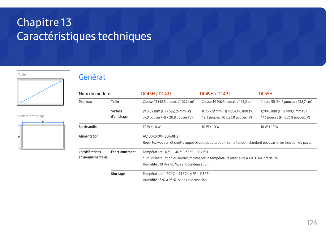 Samsung LH49DCJPLGC/EN, LH43DCJPLGC/EN, LH49DCHPLGC/EN manual Caractéristiques techniques, 126 