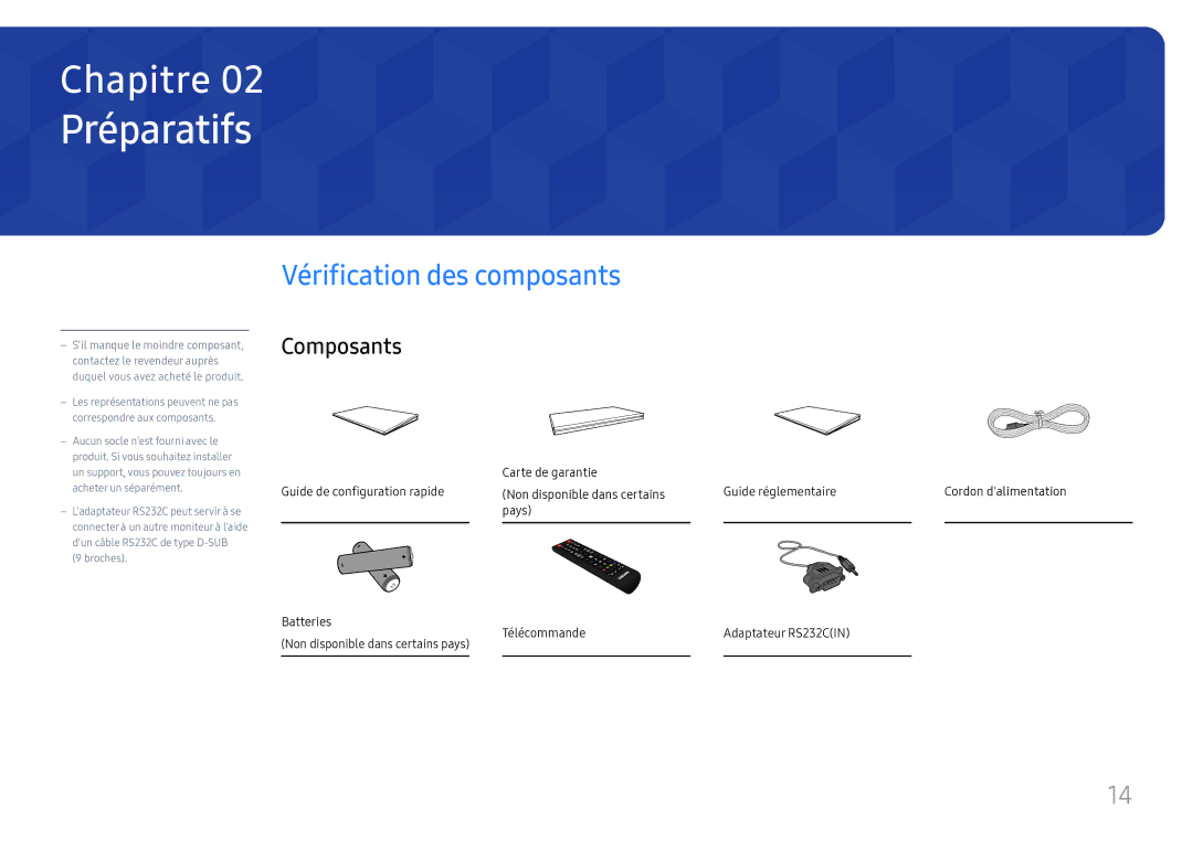 Samsung LH49DCHPLGC/EN, LH49DCJPLGC/EN, LH43DCJPLGC/EN manual Préparatifs, Vérification des composants, Composants 