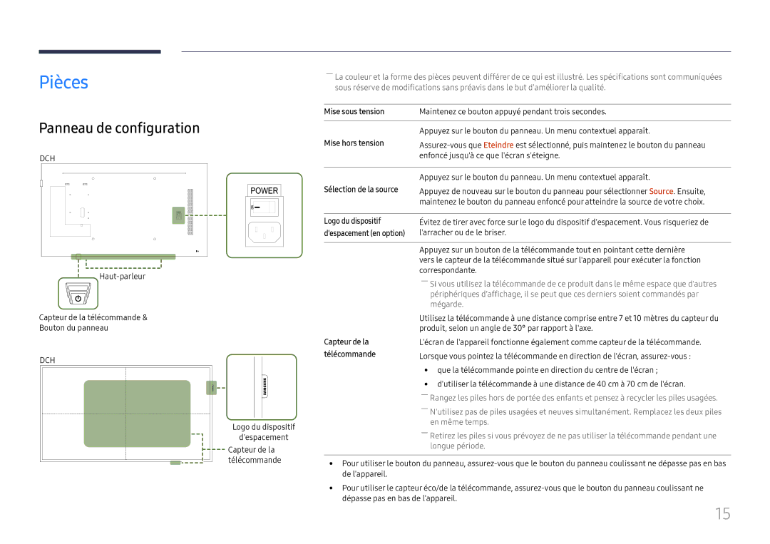 Samsung LH49DCJPLGC/EN, LH43DCJPLGC/EN, LH49DCHPLGC/EN manual Pièces, Panneau de configuration 