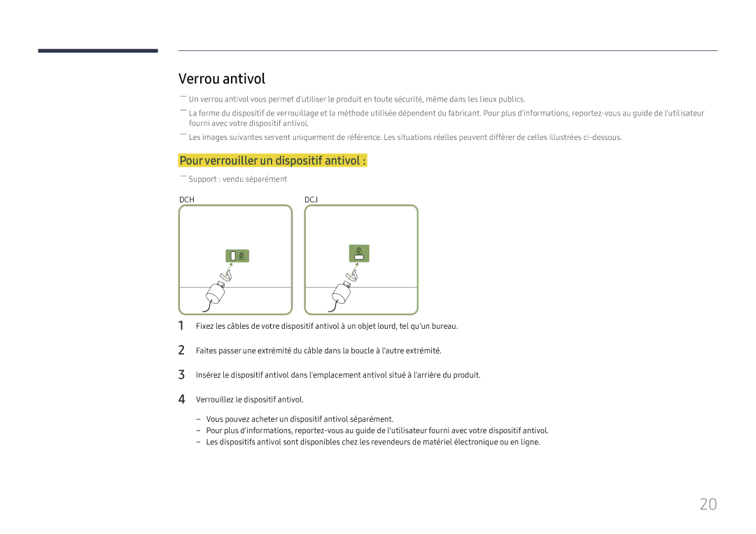 Samsung LH49DCHPLGC/EN, LH49DCJPLGC/EN, LH43DCJPLGC/EN manual Verrou antivol, Pour verrouiller un dispositif antivol 