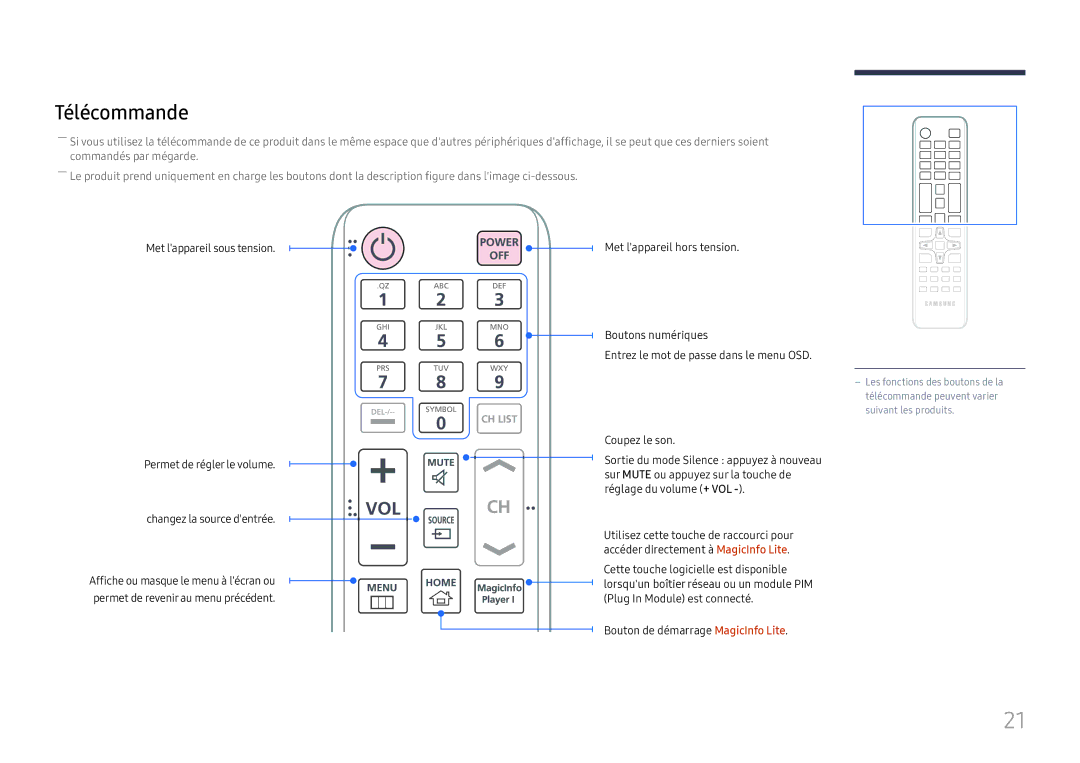 Samsung LH49DCJPLGC/EN, LH43DCJPLGC/EN, LH49DCHPLGC/EN manual Télécommande 