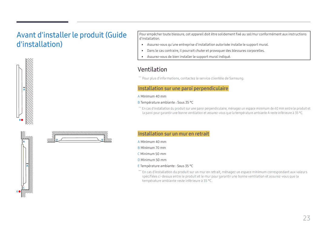 Samsung LH49DCHPLGC/EN Avant dinstaller le produit Guide dinstallation, Ventilation, Installation sur un mur en retrait 