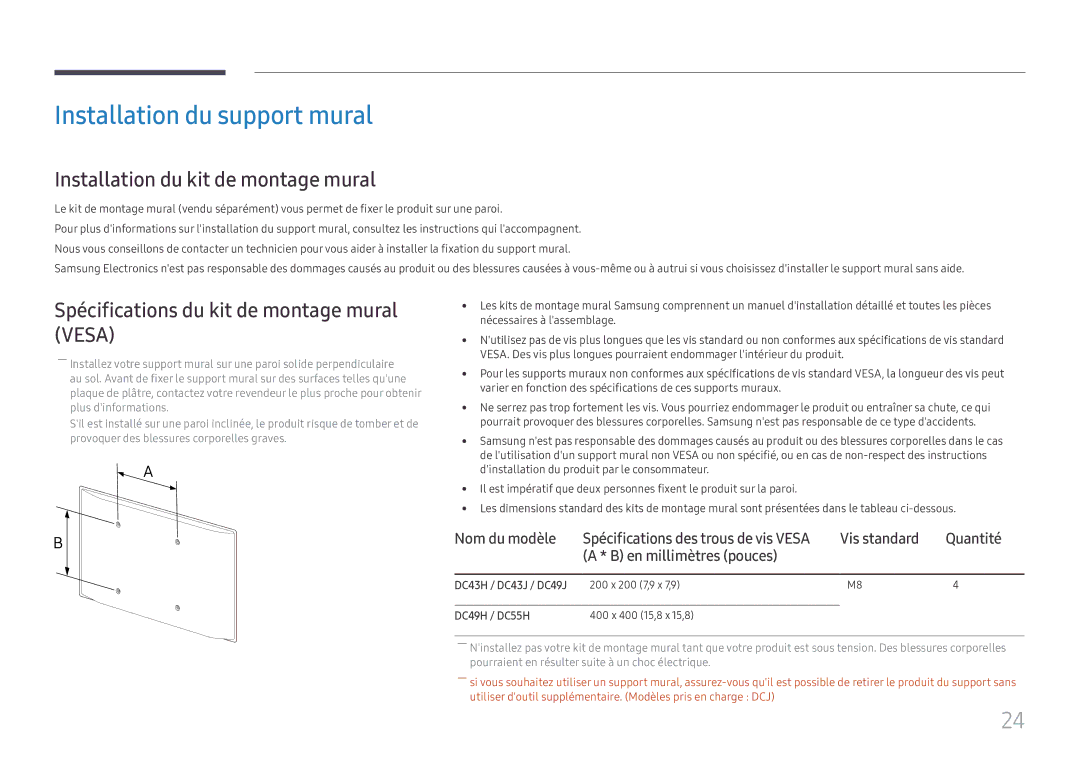 Samsung LH49DCJPLGC/EN, LH43DCJPLGC/EN Installation du support mural, Installation du kit de montage mural, Nom du modèle 
