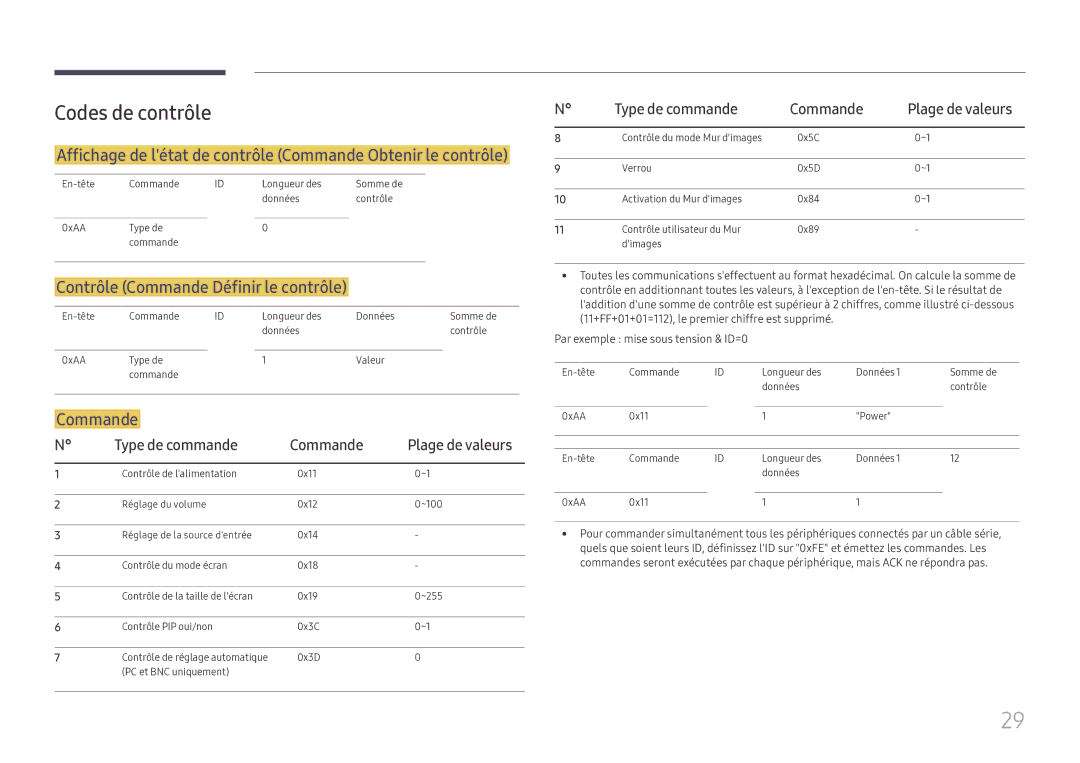 Samsung LH49DCHPLGC/EN, LH49DCJPLGC/EN manual Codes de contrôle, Affichage de létat de contrôle Commande Obtenir le contrôle 