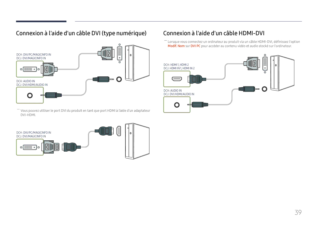 Samsung LH49DCJPLGC/EN manual Connexion à laide dun câble DVI type numérique, Connexion à laide dun câble HDMI-DVI 