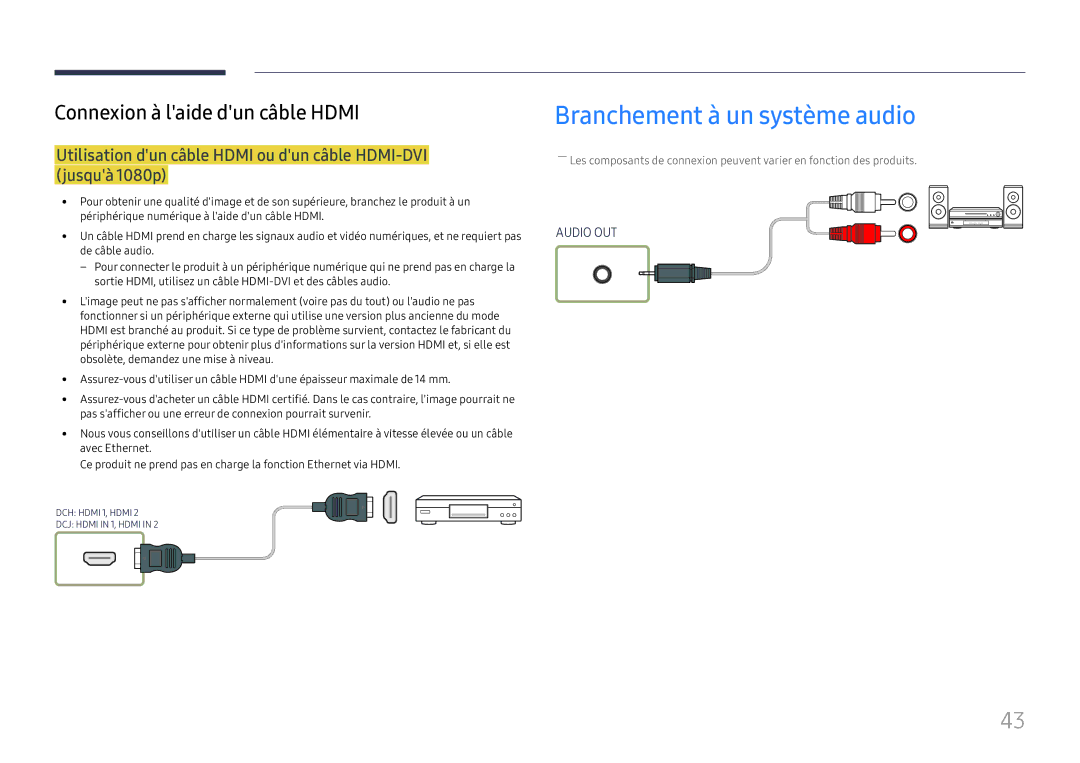 Samsung LH43DCJPLGC/EN, LH49DCJPLGC/EN, LH49DCHPLGC/EN Branchement à un système audio, Connexion à laide dun câble Hdmi 