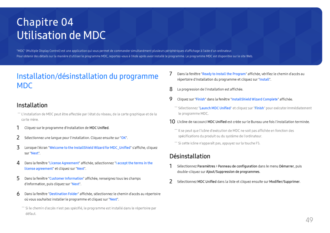 Samsung LH43DCJPLGC/EN manual Utilisation de MDC, Désinstallation, Double-cliquez sur Ajout/Suppression de programmes 