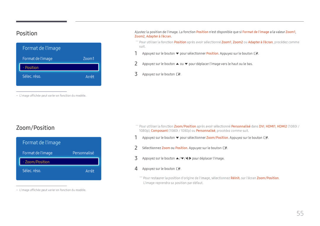 Samsung LH43DCJPLGC/EN, LH49DCJPLGC/EN, LH49DCHPLGC/EN manual Zoom/Position, Format de limage, Sélec. réso Arrêt 