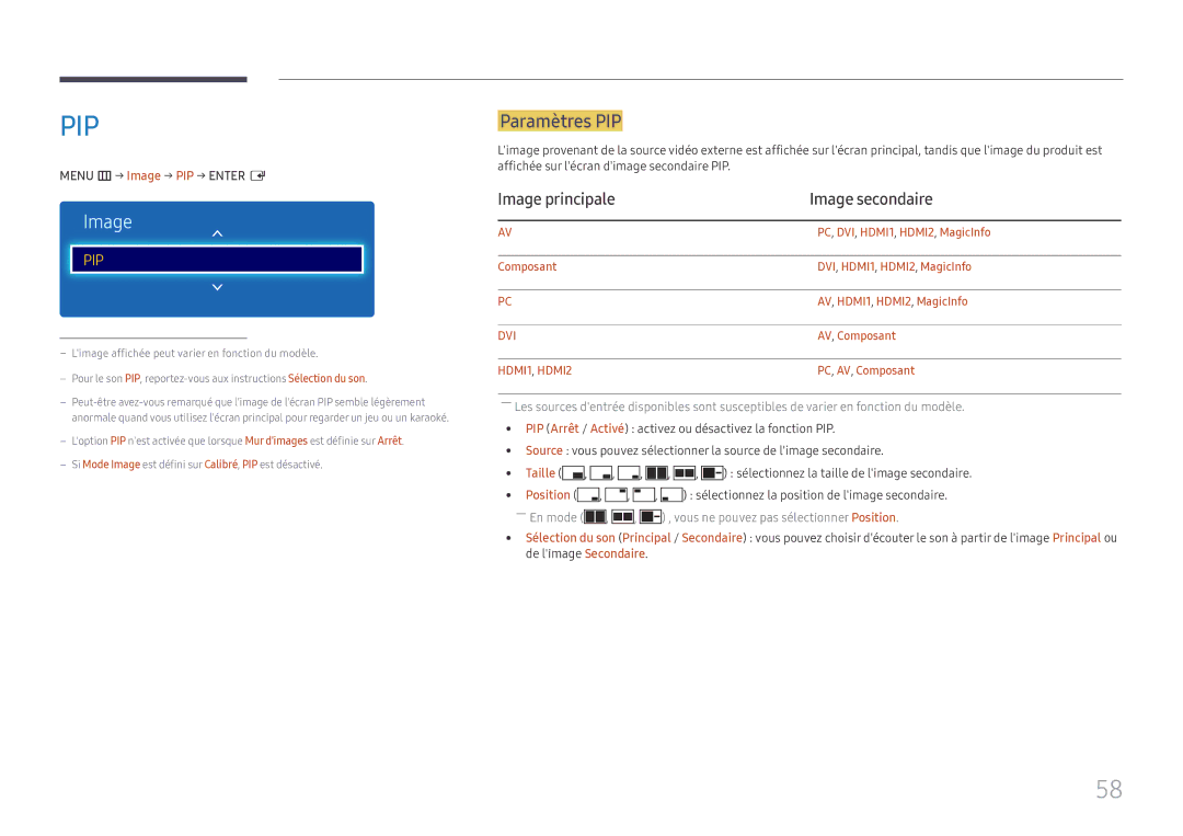 Samsung LH43DCJPLGC/EN, LH49DCJPLGC/EN Paramètres PIP, Image principale Image secondaire, Menu m → Image → PIP → Enter E 