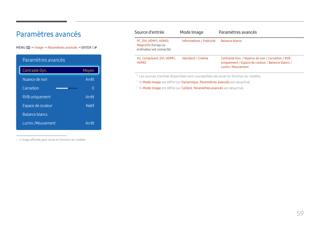 Samsung LH49DCHPLGC/EN, LH49DCJPLGC/EN, LH43DCJPLGC/EN manual Source dentrée Mode Image Paramètres avancés 