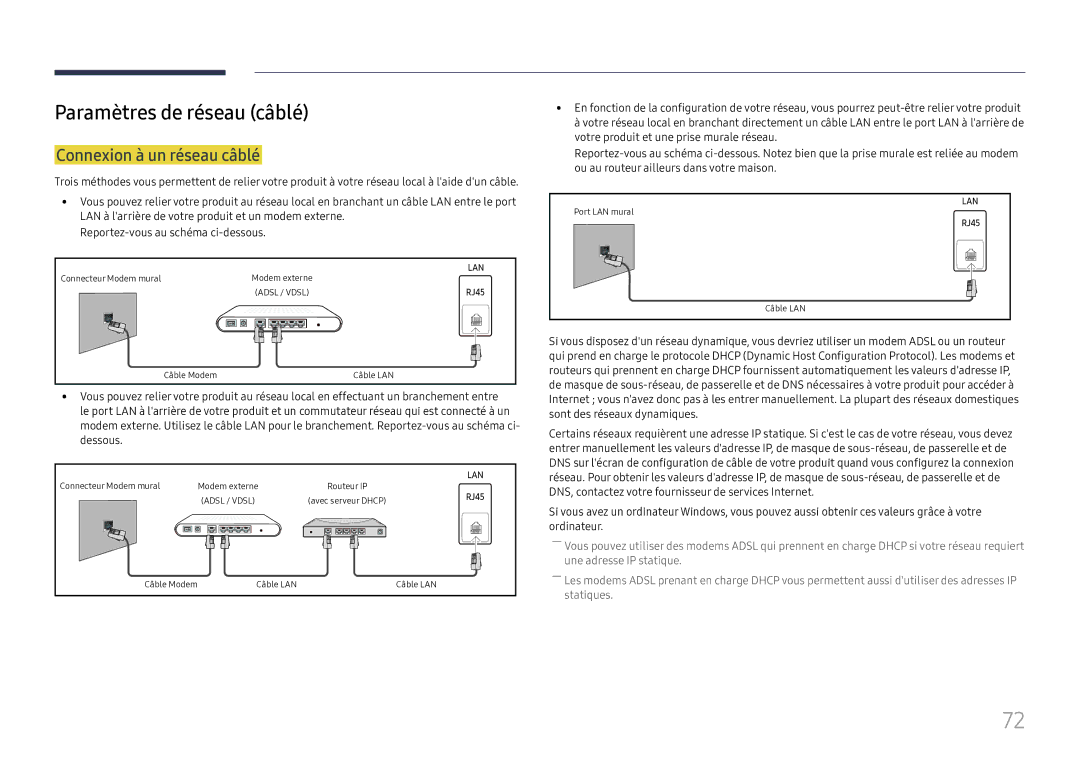 Samsung LH49DCJPLGC/EN, LH43DCJPLGC/EN, LH49DCHPLGC/EN manual Paramètres de réseau câblé, Connexion à un réseau câblé 