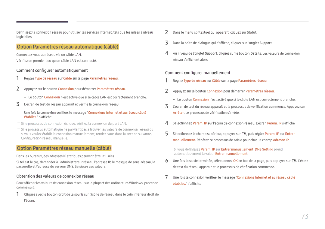 Samsung LH43DCJPLGC/EN, LH49DCJPLGC/EN Option Paramètres réseau automatique câblé, Option Paramètres réseau manuelle câblé 